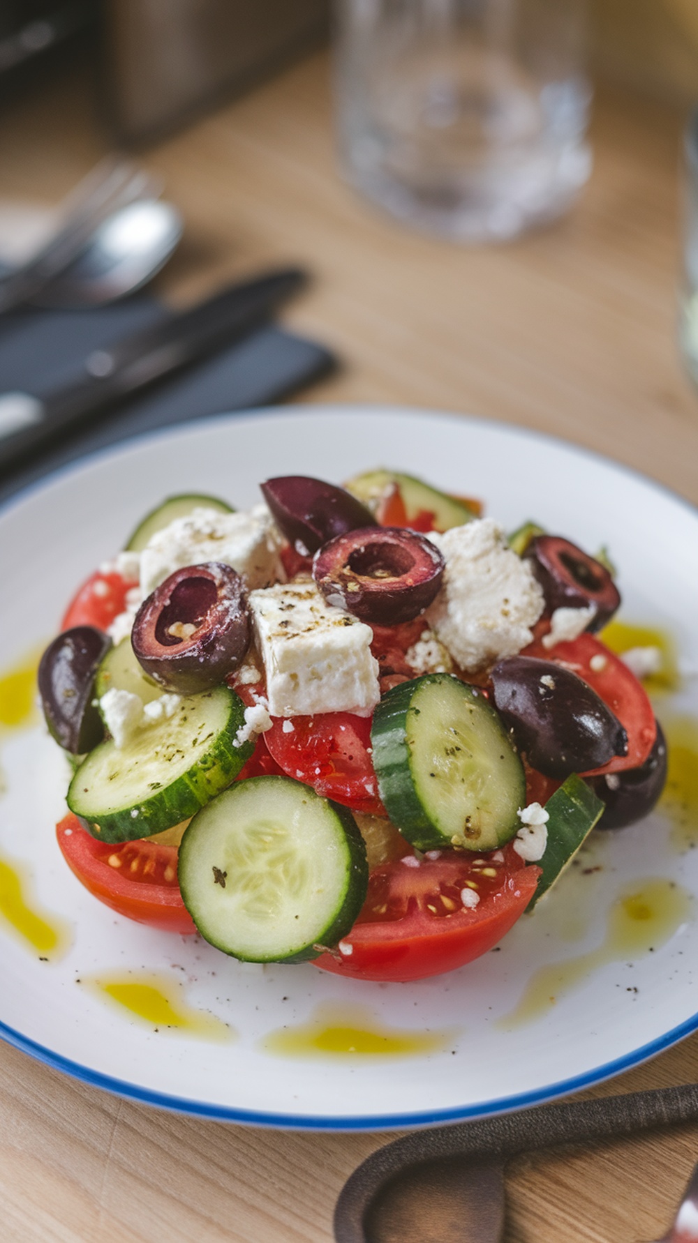 A colorful Greek salad with tomatoes, cucumbers, olives, and feta cheese.