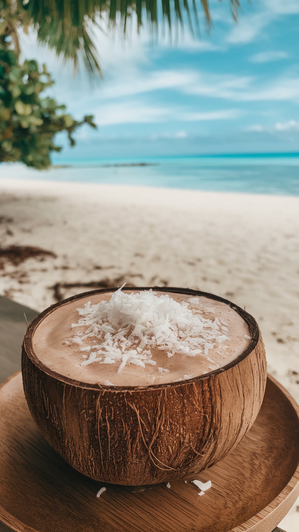 A smoothie served in a coconut shell, topped with shredded coconut, with a beach background.