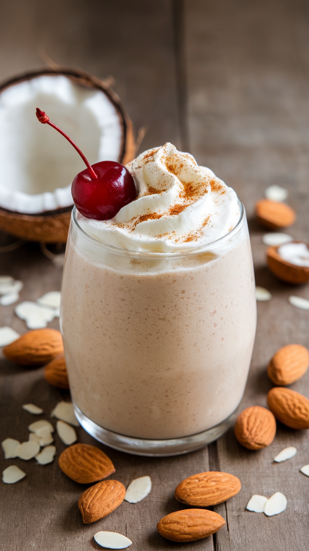 A creamy Coconut Almond Bliss Shake topped with whipped cream and a cherry, surrounded by almonds and coconut.