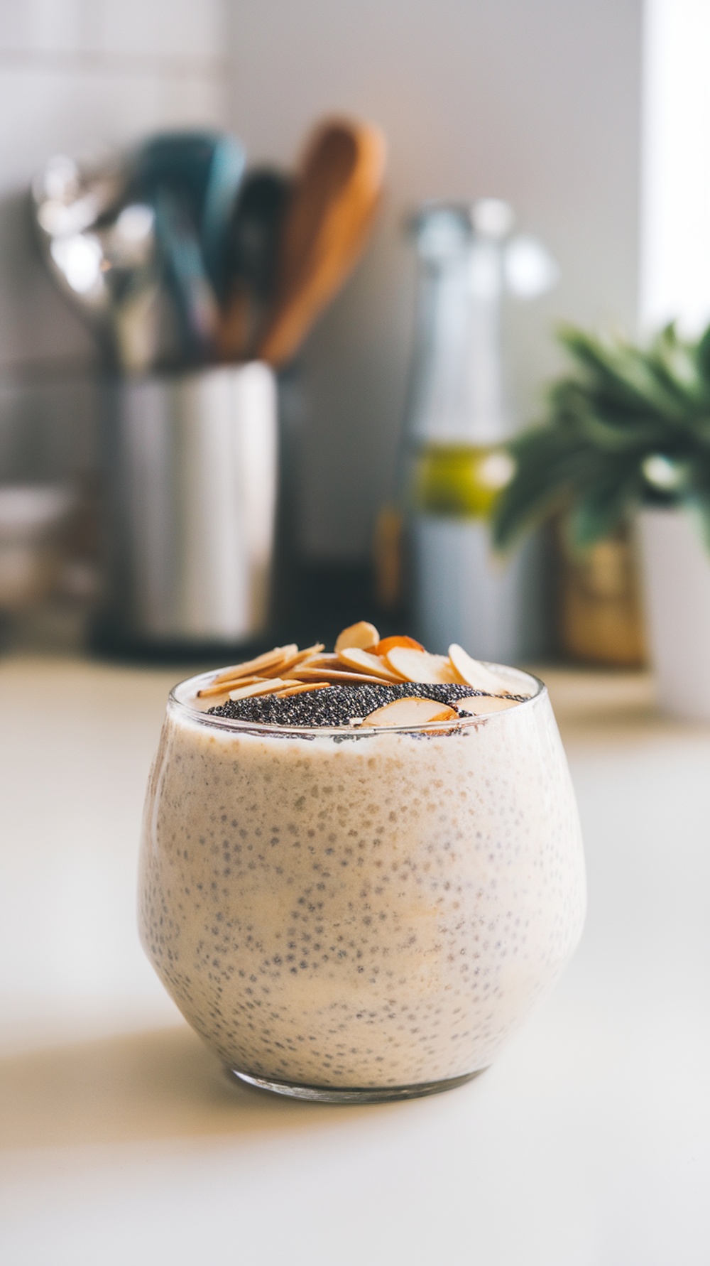 A glass of Coconut Almond Chia Energy Boost smoothie topped with almond slices, with kitchen utensils in the background.