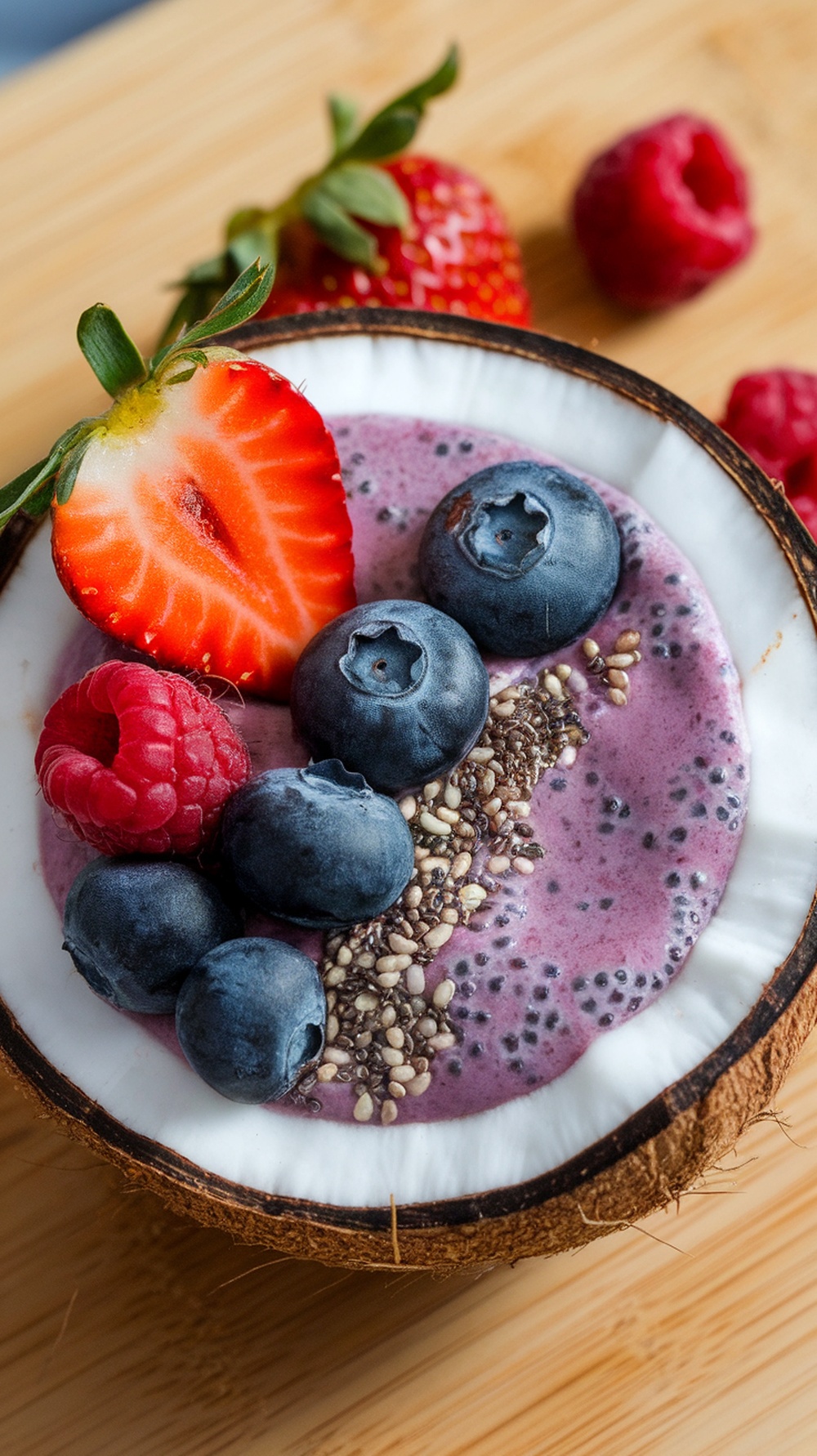A vibrant coconut berry chia smoothie topped with fresh berries and chia seeds in a coconut shell.