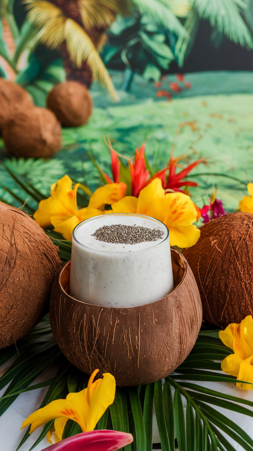 A refreshing coconut chia seed drink served in a coconut shell, surrounded by colorful flowers and tropical greenery.
