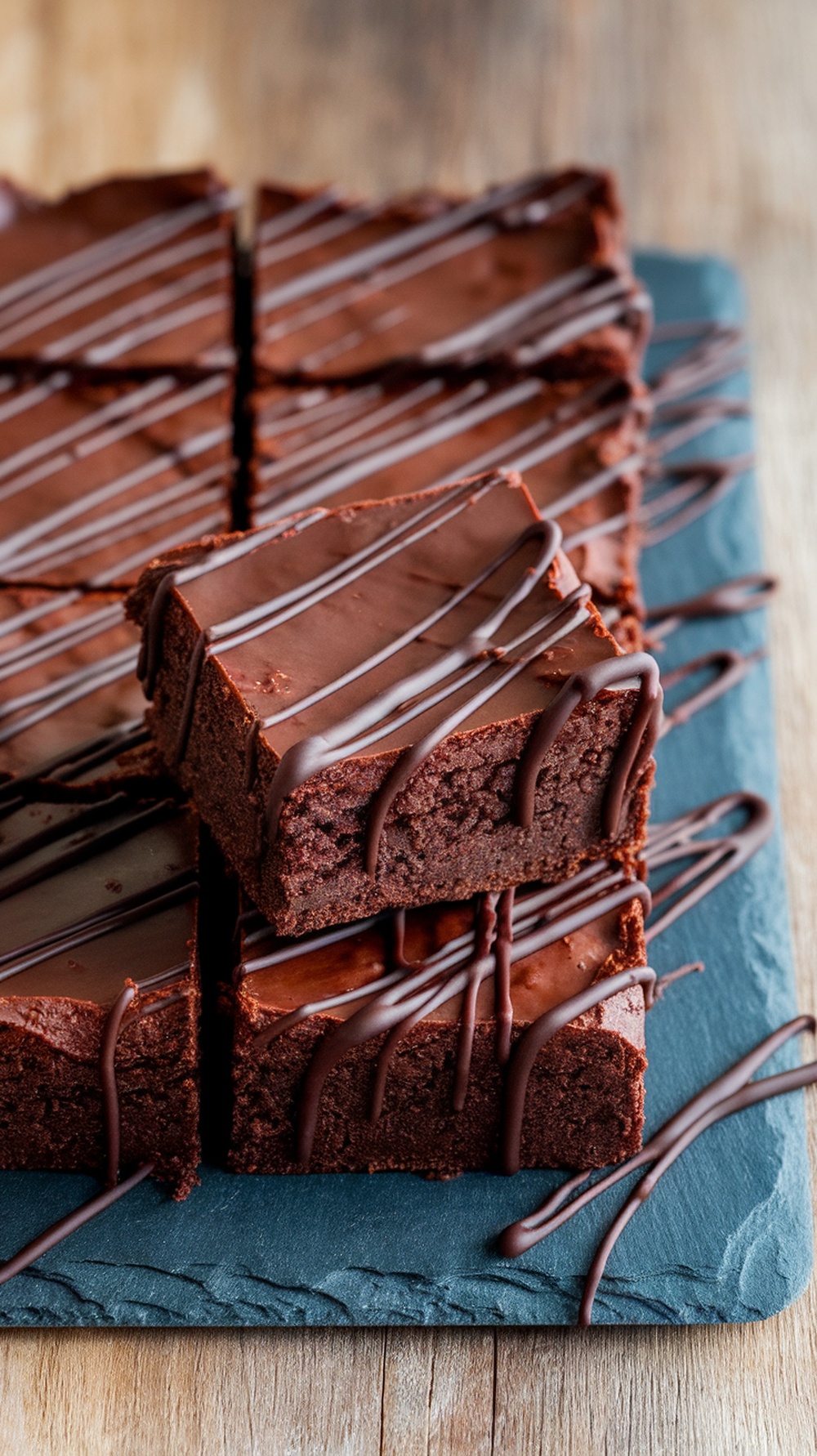 Delicious coconut flour brownies drizzled with chocolate on a slate board.