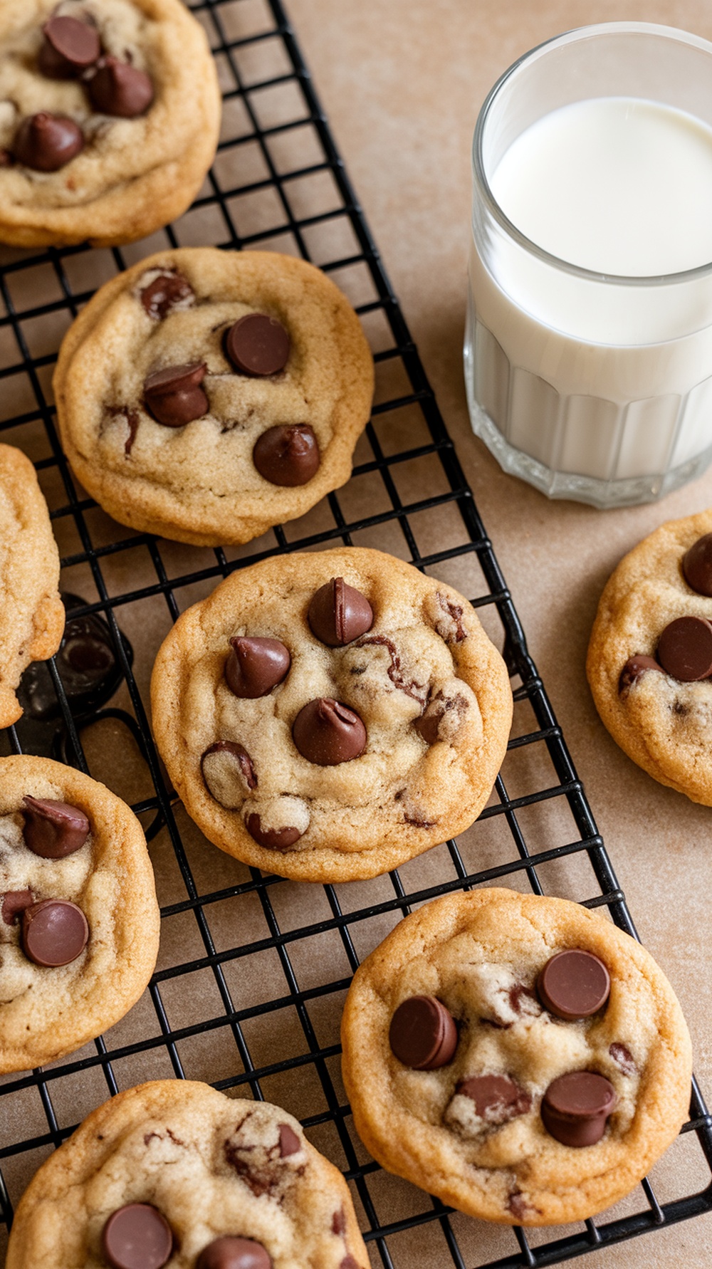 Freshly baked coconut flour chocolate chip cookies on a cooling rack with a glass of milk
