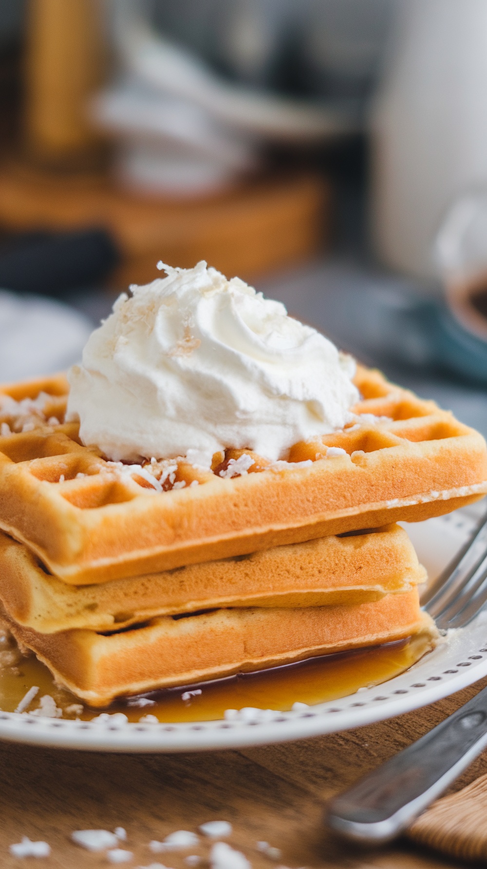 A stack of coconut flour waffles topped with whipped cream and shredded coconut, served with syrup.