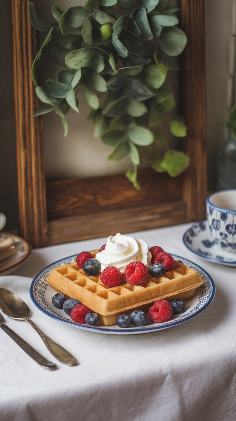 A plate of coconut flour waffles topped with fresh berries and whipped cream.