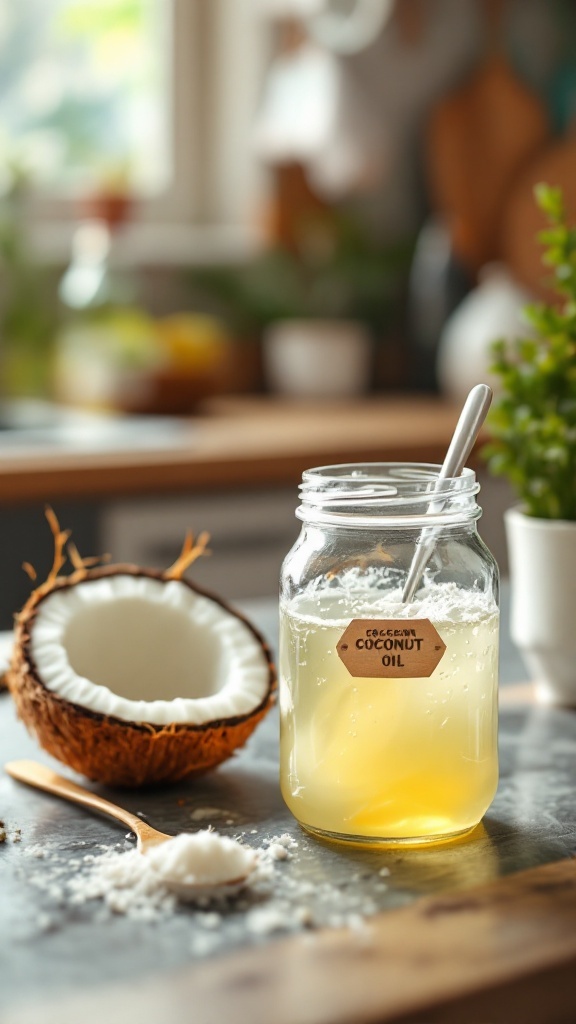 A jar of coconut oil on a kitchen counter, with a fresh coconut and a spoonful of coconut flakes nearby.