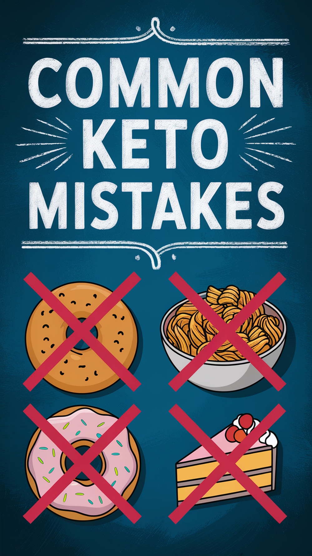 Common mistakes to avoid on the keto diet, featuring images of donuts, pasta, and cake with red crosses over them.