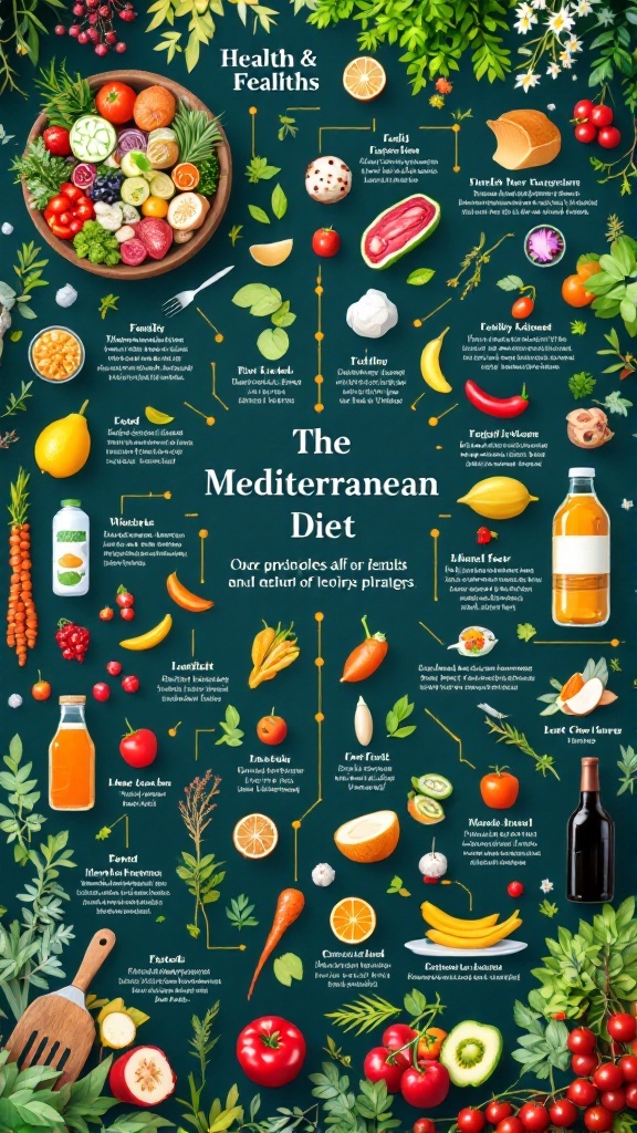 An infographic displaying the Mediterranean diet with various fruits, vegetables, and health benefits.