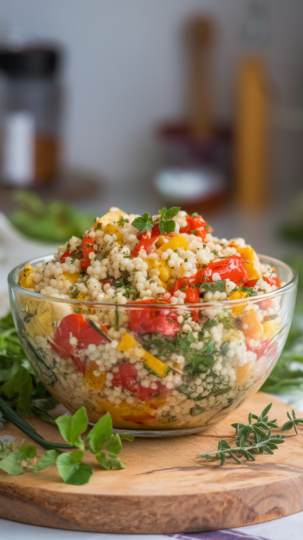 A bowl of couscous salad with roasted red peppers, herbs, and vegetables.