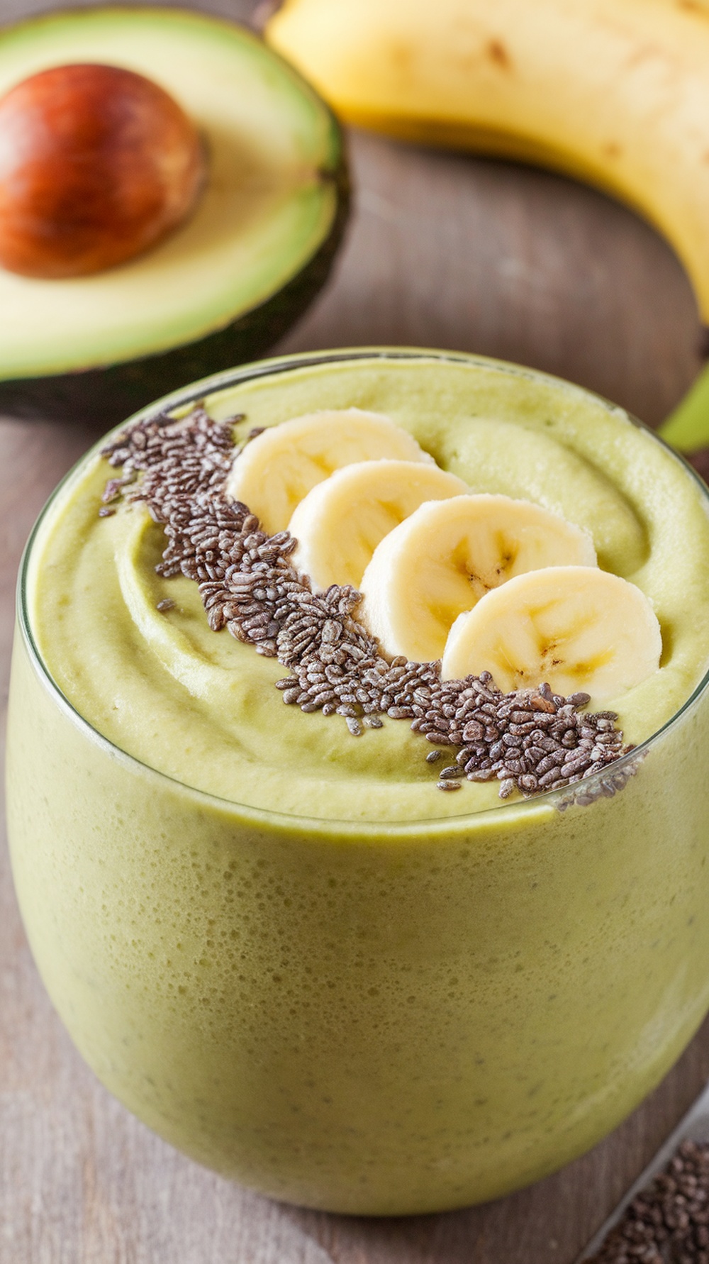 A creamy avocado banana smoothie topped with banana slices and chia seeds.