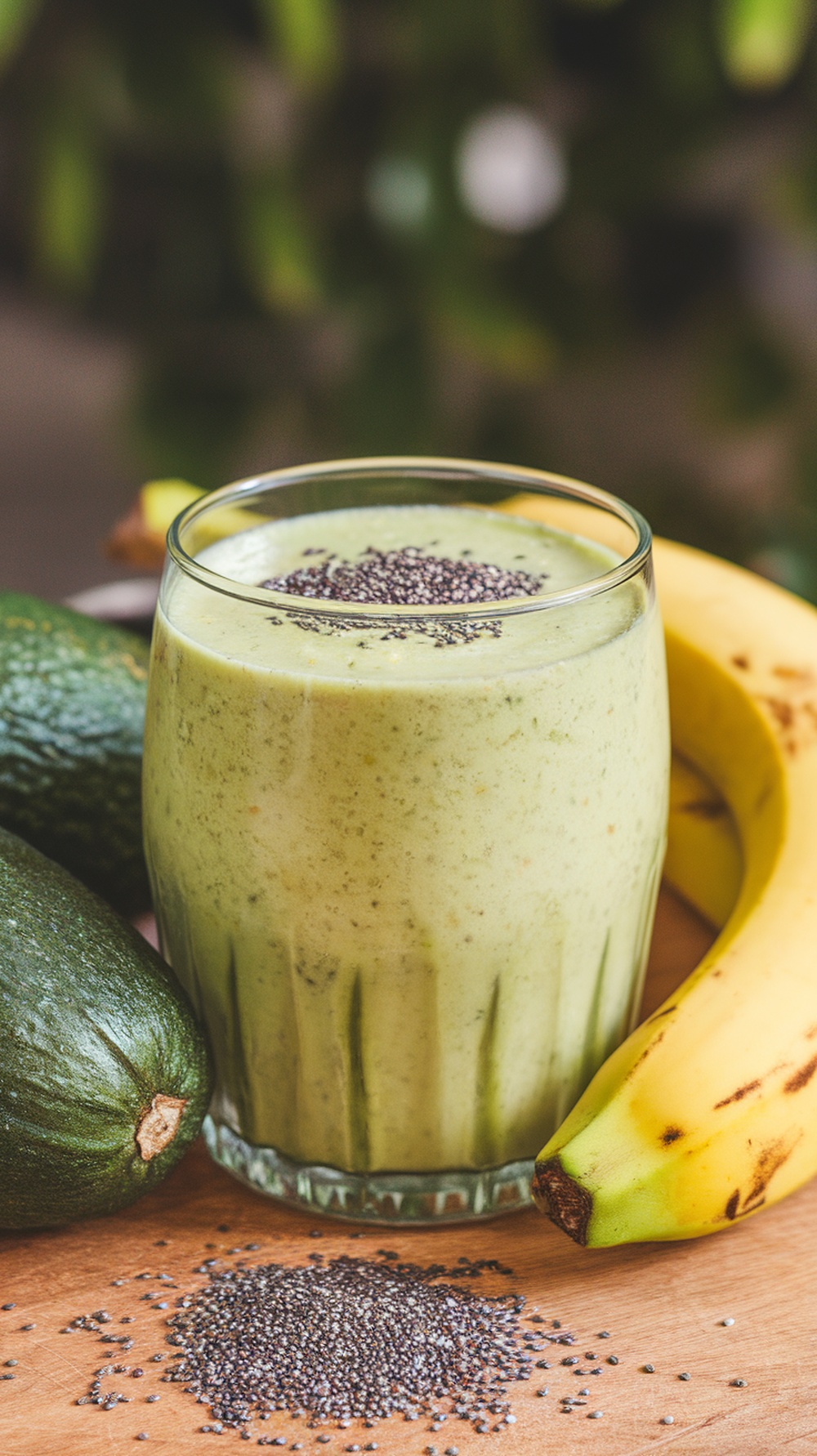 A creamy avocado banana smoothie in a glass, surrounded by bananas and avocados.