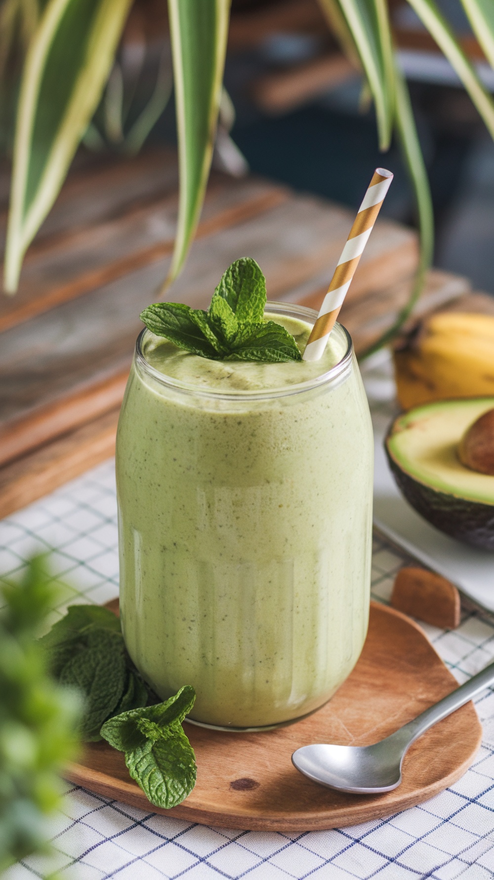 A creamy avocado green smoothie in a glass with a striped straw, garnished with mint leaves.