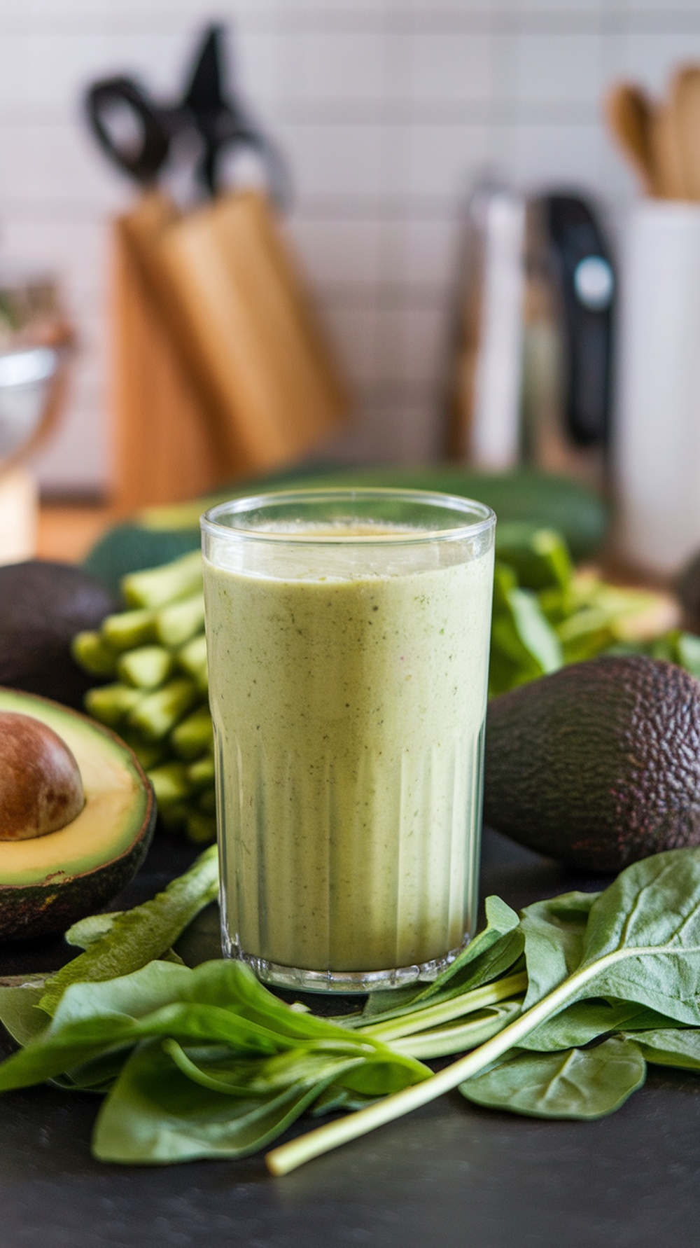 A creamy avocado spinach smoothie in a glass surrounded by fresh ingredients.