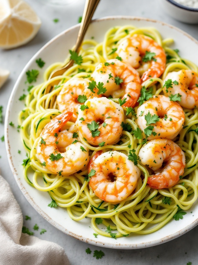 A bowl of creamy garlic butter shrimp zoodles garnished with parsley.