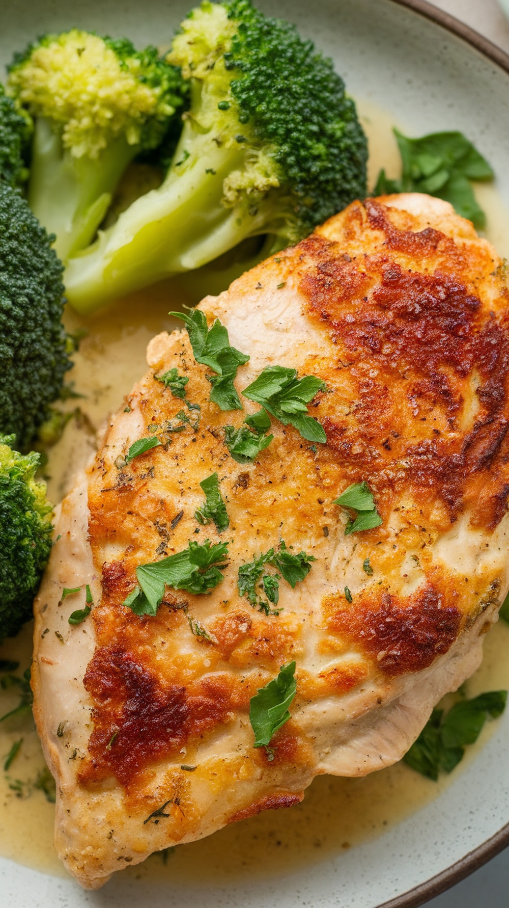 Creamy Garlic Parmesan Chicken with broccoli on a plate