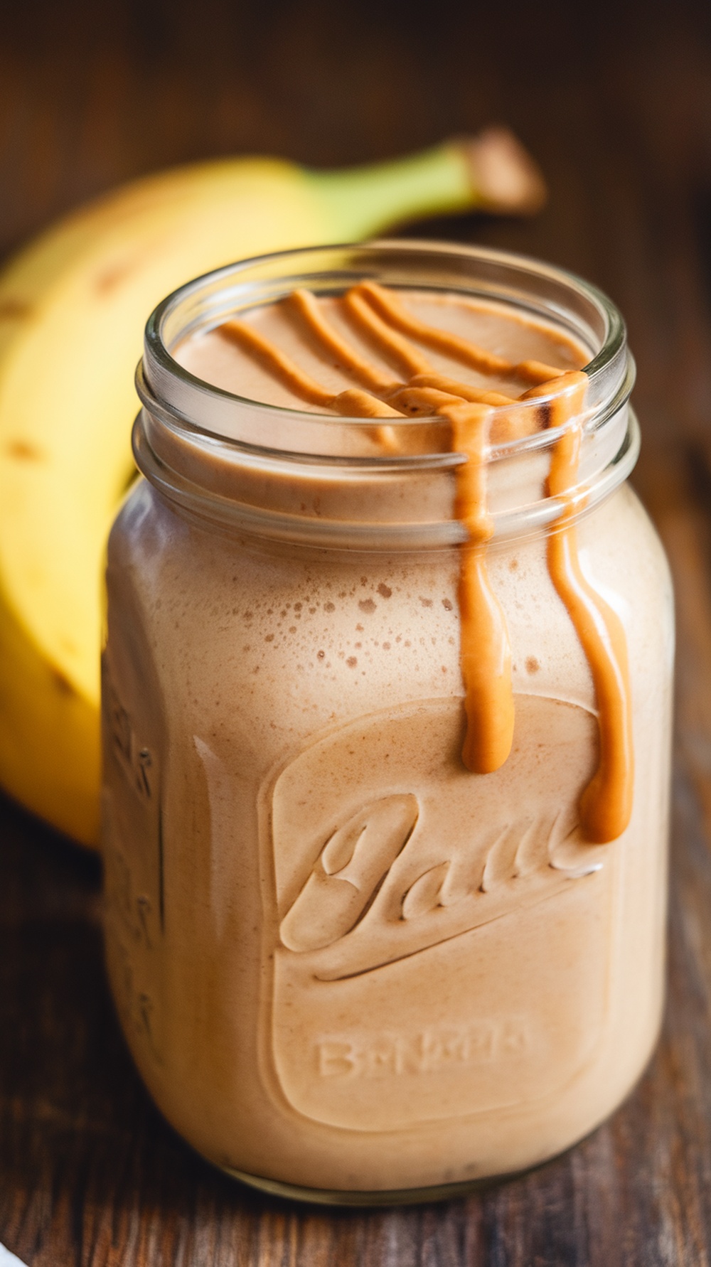 A creamy peanut butter banana shake in a jar with a drizzle of peanut butter on top and a banana in the background.