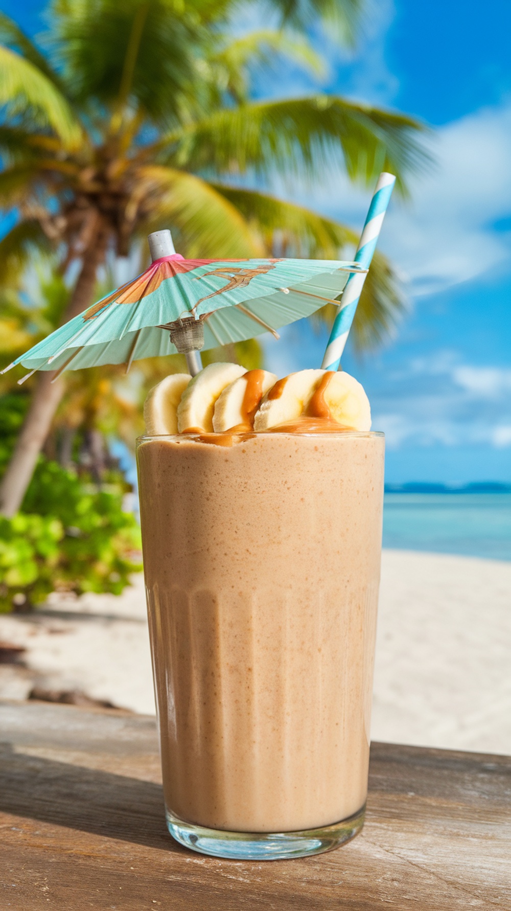 A creamy peanut butter banana shake with a colorful straw and a small umbrella, set against a tropical background.