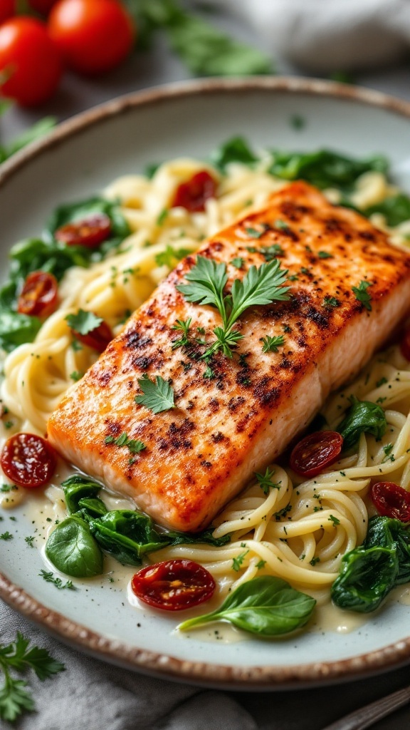 Creamy Tuscan Salmon served with spinach and sun-dried tomatoes