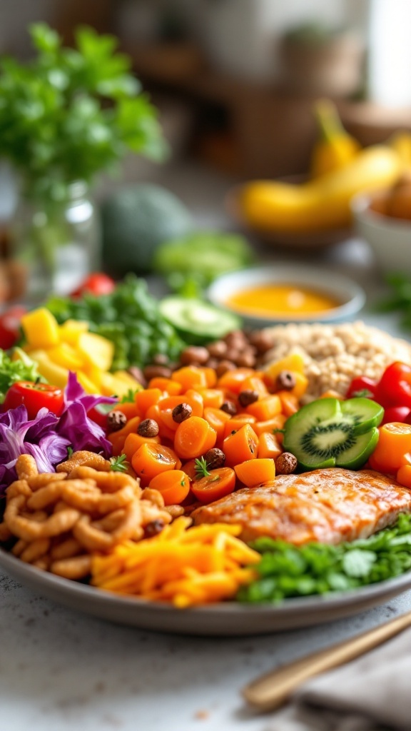 A colorful balanced meal featuring salmon, vegetables, and fruits.