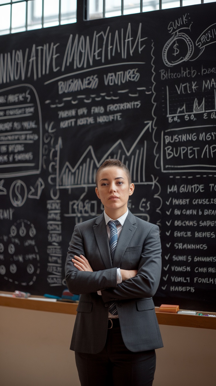 A person in a suit standing confidently in front of a blackboard filled with money-making strategies and graphs.