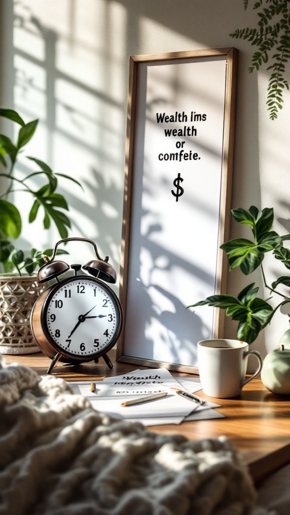 A cozy setting with a reminder to focus on wealth, featuring an alarm clock, a cup of coffee, and a peaceful atmosphere.