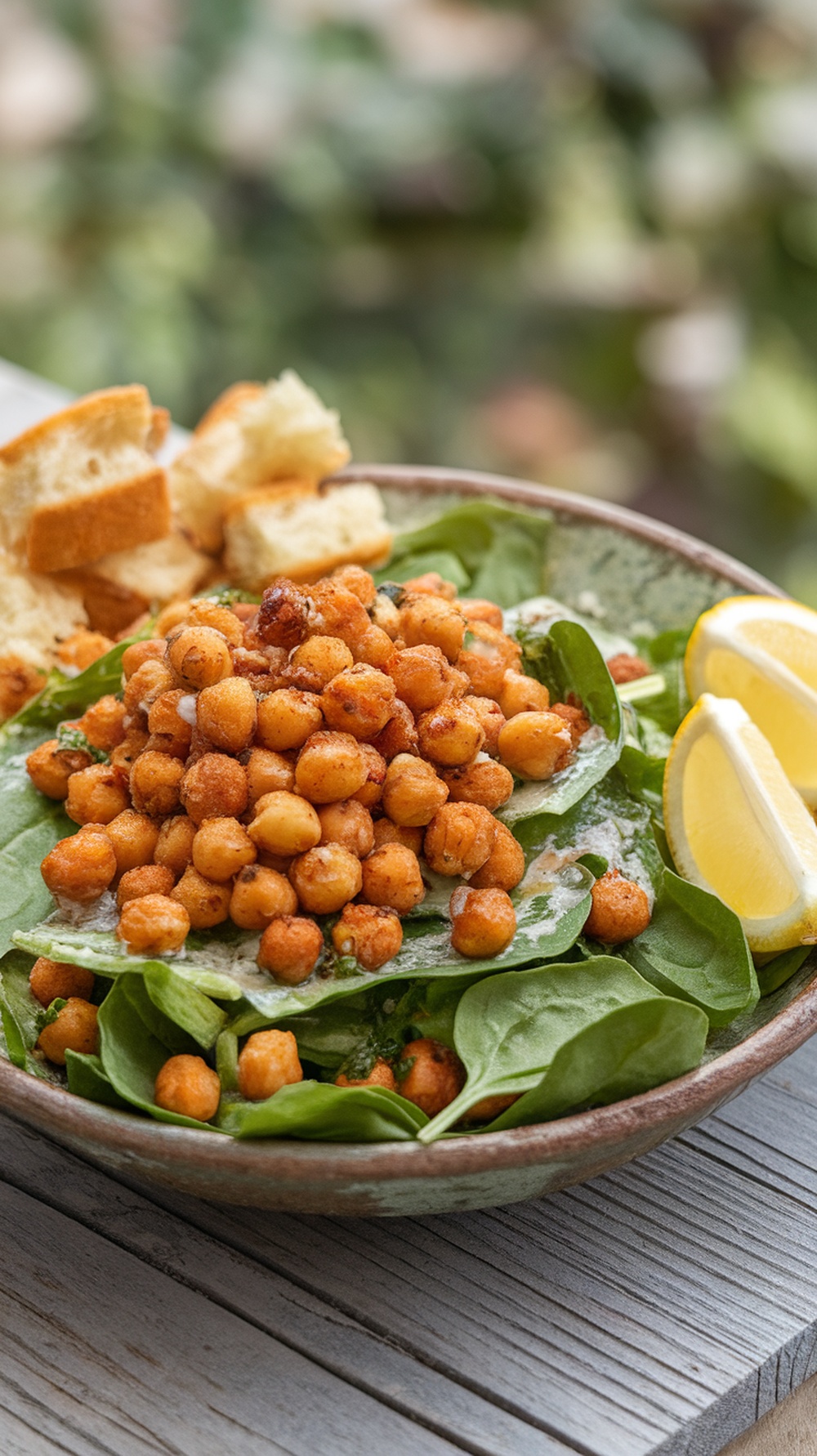 A bowl of crispy chickpea and spinach salad with lemon wedges and croutons.