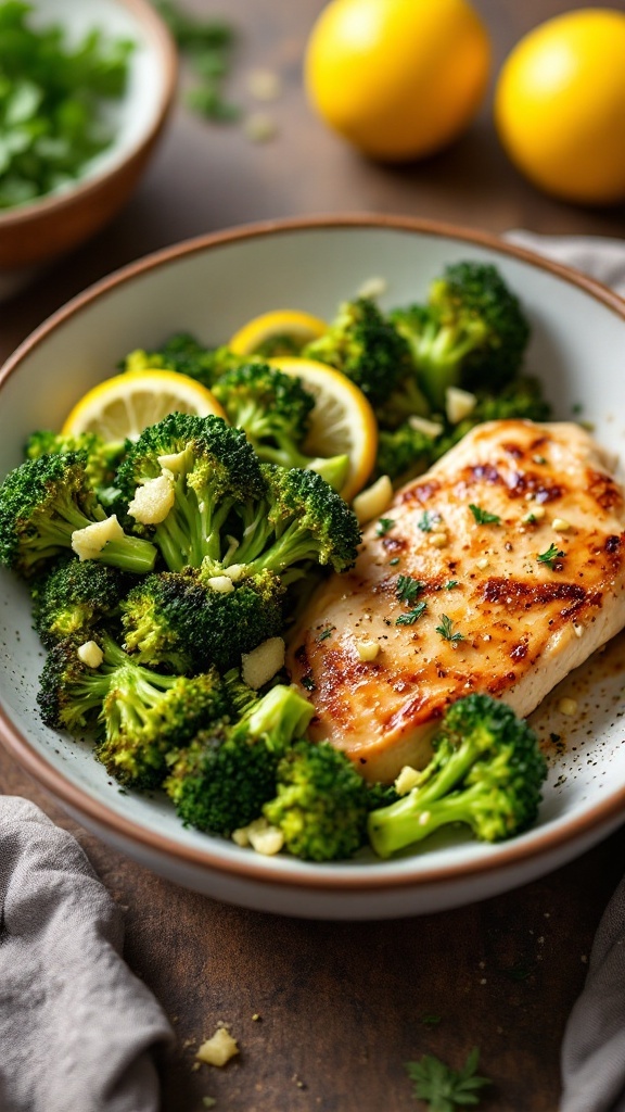 Crispy lemon garlic roasted broccoli served with chicken and garnished with parsley