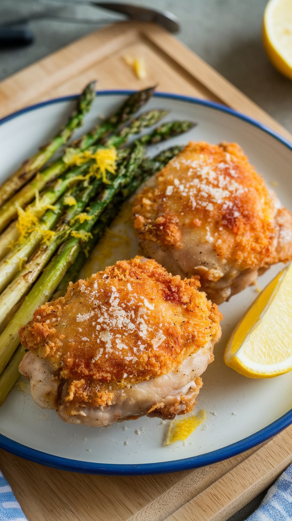 Crispy Parmesan Chicken Thighs served with asparagus and lemon wedges