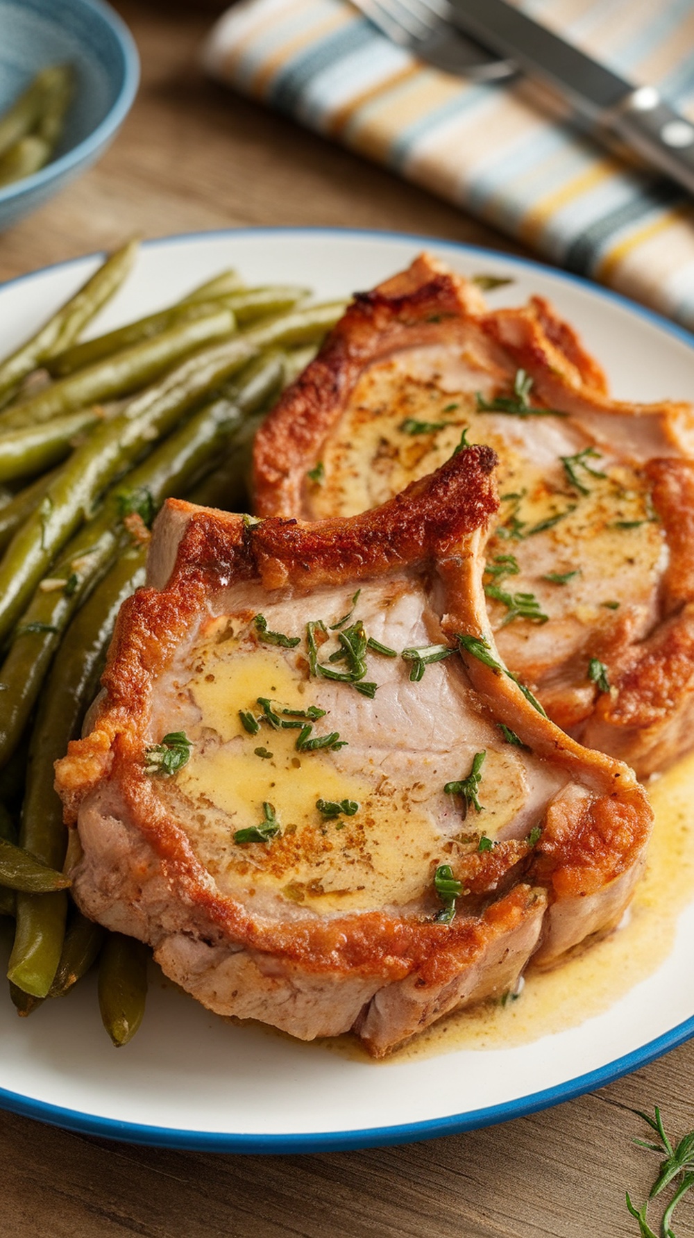 Crispy pork chops with garlic butter served with green beans