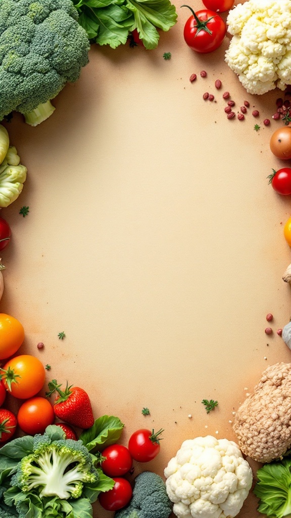 An assortment of fresh cruciferous vegetables including broccoli, cauliflower, and tomatoes arranged on a light background.