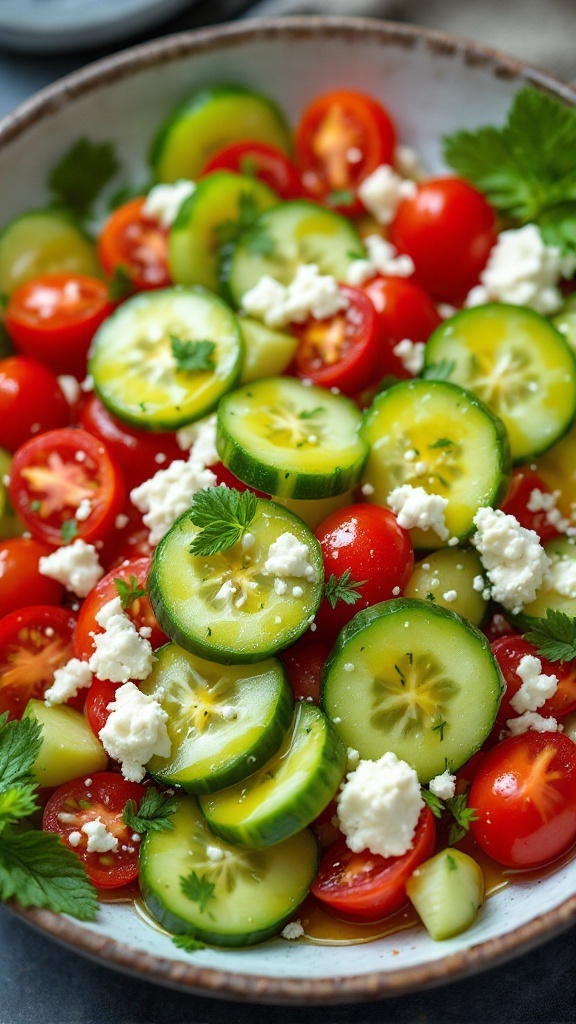 A vibrant cucumber and tomato salad topped with feta cheese and garnished with herbs.