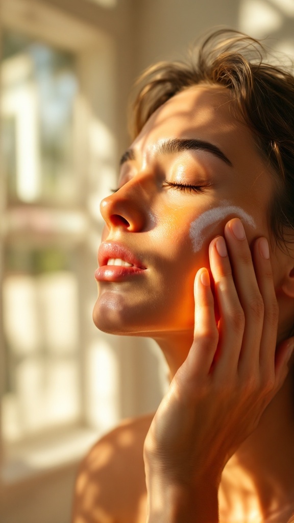 A woman applying sunscreen to her face, emphasizing the importance of daily sun protection.