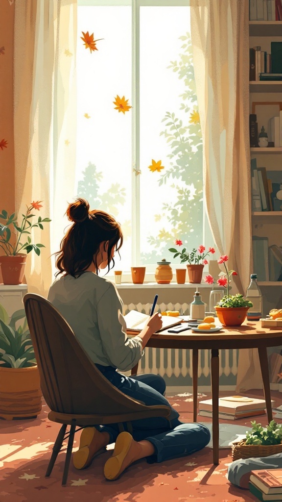 A person writing at a table with plants around, reflecting on their feelings.