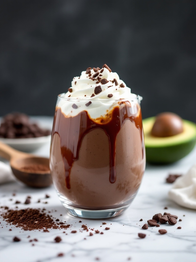 A glass of chocolate avocado mousse topped with whipped cream and chocolate shavings.