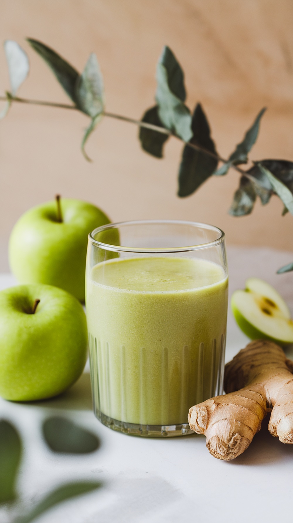A refreshing green apple ginger smoothie in a glass, surrounded by green apples and ginger root.