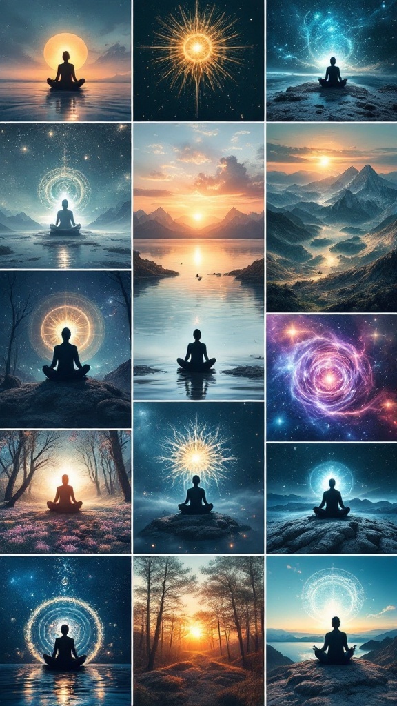 A collage of serene meditation scenes featuring individuals meditating in beautiful natural and cosmic settings.