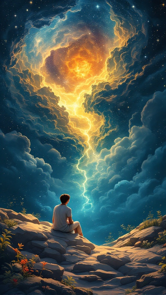 A person sitting on rocks, gazing at a vibrant sky filled with clouds and lightning, symbolizing the subconscious mind.