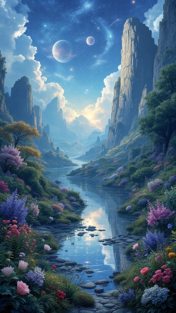 A serene valley with colorful flowers, a calm river, and distant planets in a dreamy sky, symbolizing the subconscious mind.