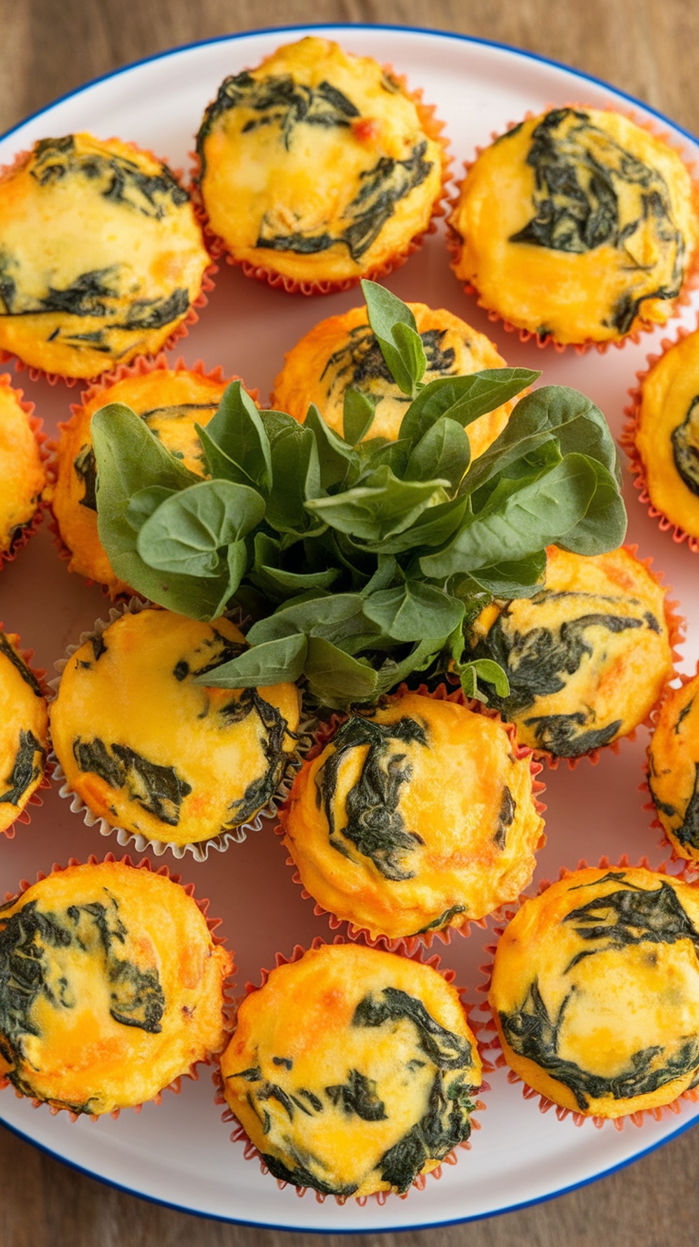 A plate of colorful egg muffins with spinach and cheese, garnished with fresh greens.