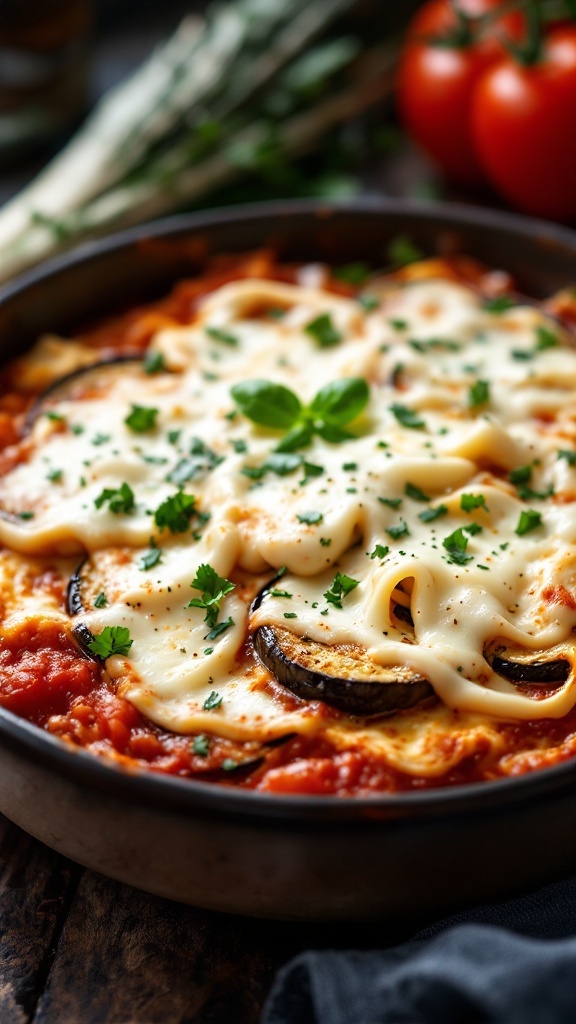 A delicious eggplant lasagna with melted cheese and fresh herbs on top.