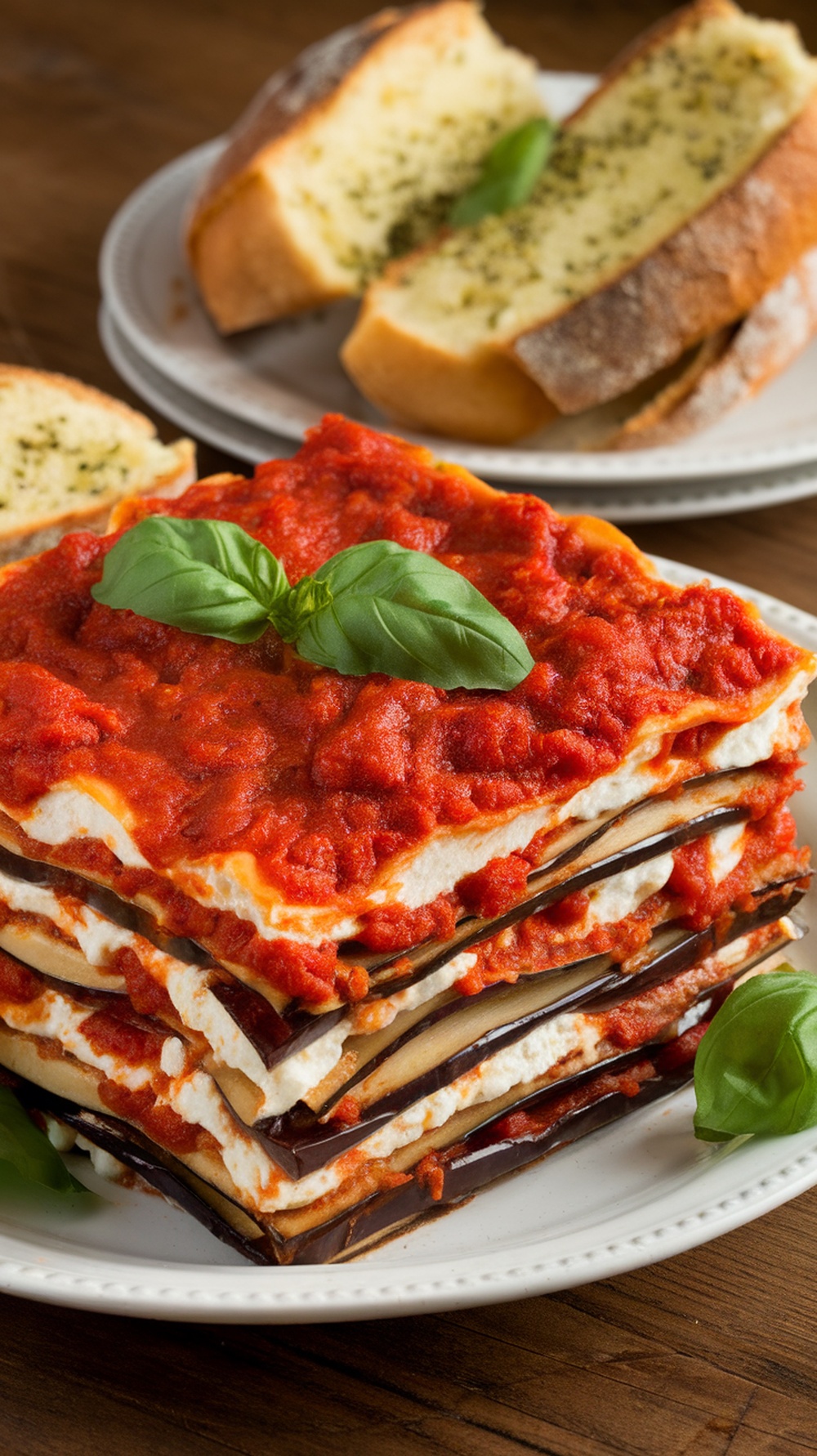 A delicious serving of eggplant lasagna with ricotta, topped with marinara sauce and fresh basil, alongside slices of garlic bread.