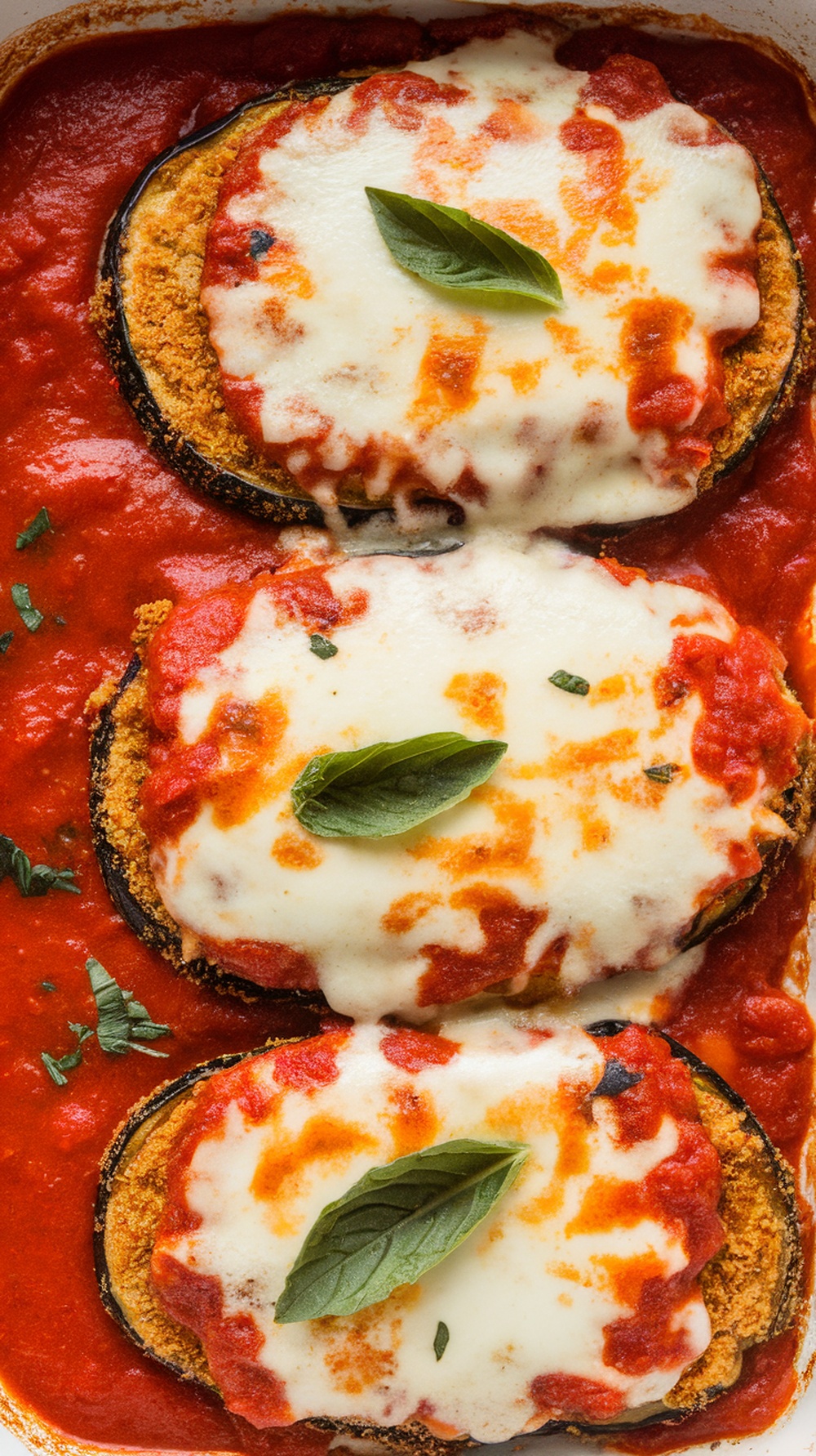Eggplant Parmesan with marinara sauce and melted cheese, garnished with basil.