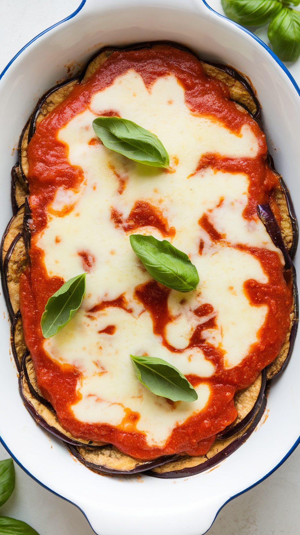 A delicious serving of Eggplant Parmesan topped with fresh basil leaves, showcasing layers of eggplant, marinara sauce, and melted cheese.
