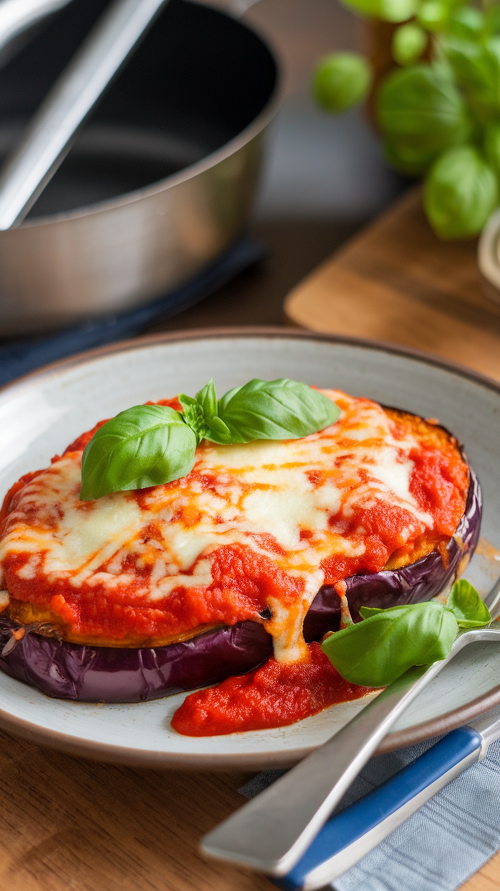 A plate of eggplant parmesan topped with marinara sauce and fresh basil.