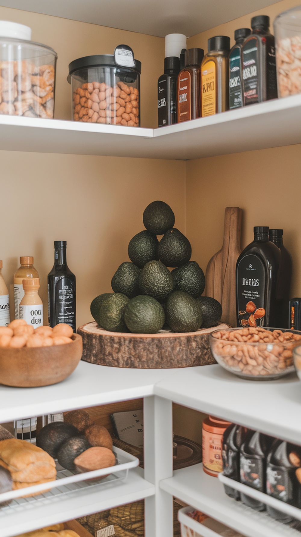 A well-stocked keto pantry featuring avocados, oils, nuts, and seasonings.