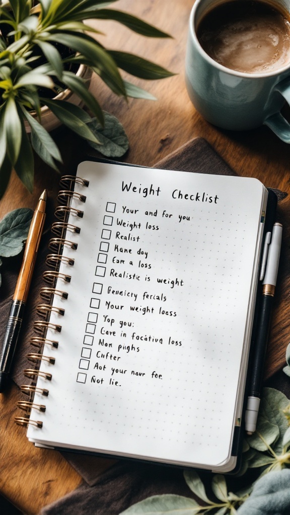 A weight checklist notebook with a cup of coffee and plants in the background.