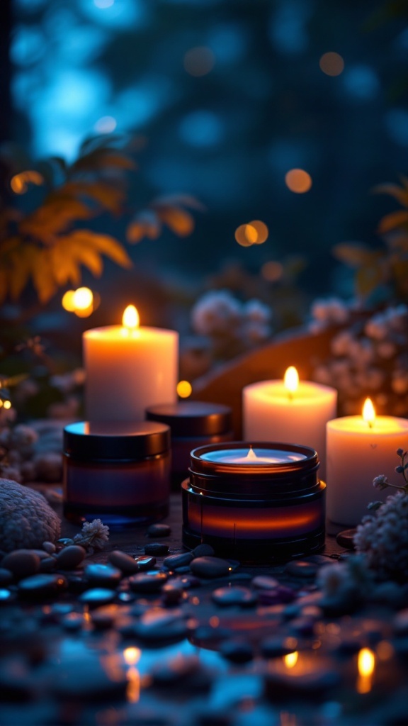 A peaceful setup with candles and skincare products, creating a relaxing atmosphere for evening skin care.