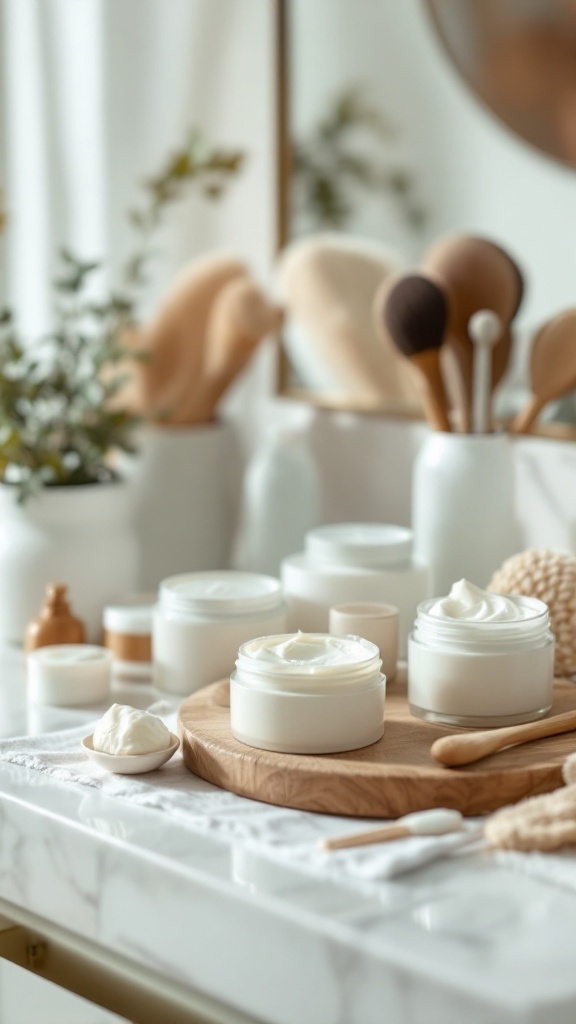 A collection of skincare products displayed on a marble surface, including jars of creams and wooden applicators, emphasizing an exfoliation routine.