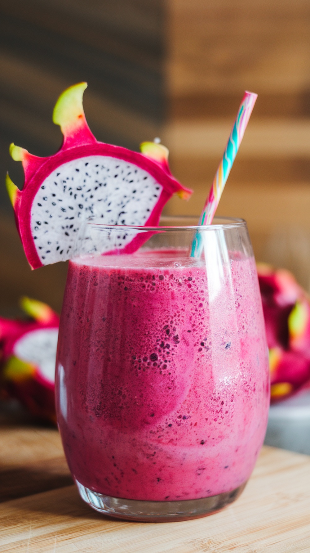 A vibrant dragon fruit smoothie in a glass with a slice of dragon fruit on the rim.